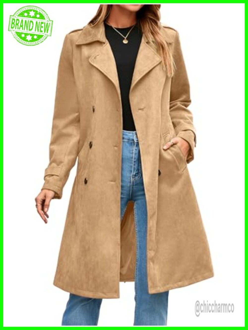Faux Suede Double Breasted Trench Coat Women Long Sleeve Belted Lapel Office